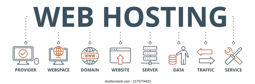 Web-Hosting-Banner Web-Symbol Vektorgrafik-Konzept mit Symbol für Anbieter, Web-Raum, Domain, Website, Server, Daten, Verkehr und Service