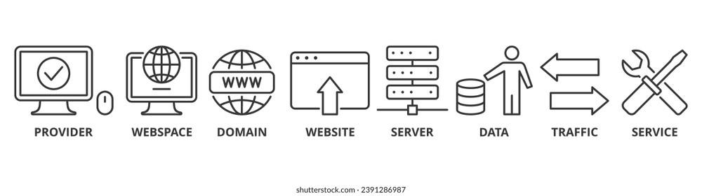 Banner de hospedaje web icono de ilustración vectorial con icono de proveedor, espacio web, dominio, sitio web, servidor, datos, tráfico y servicio