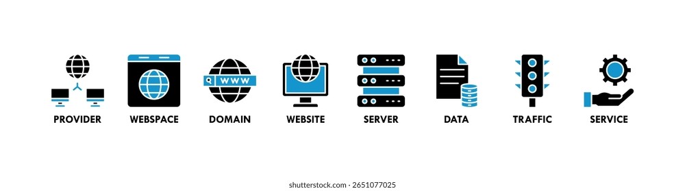 Web host banner web icon vetor ilustração conceito com ícone de provedor, espaço web, domínio, site, servidor, dados, tráfego e serviço