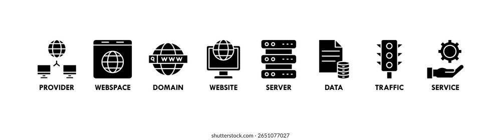 Web host banner web icon vetor ilustração conceito com ícone de provedor, espaço web, domínio, site, servidor, dados, tráfego e serviço