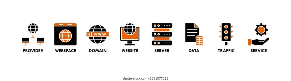 Web host banner web icon vetor ilustração conceito com ícone de provedor, espaço web, domínio, site, servidor, dados, tráfego e serviço