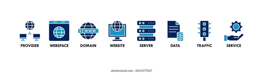 Web host banner web icon vetor ilustração conceito com ícone de provedor, espaço web, domínio, site, servidor, dados, tráfego e serviço