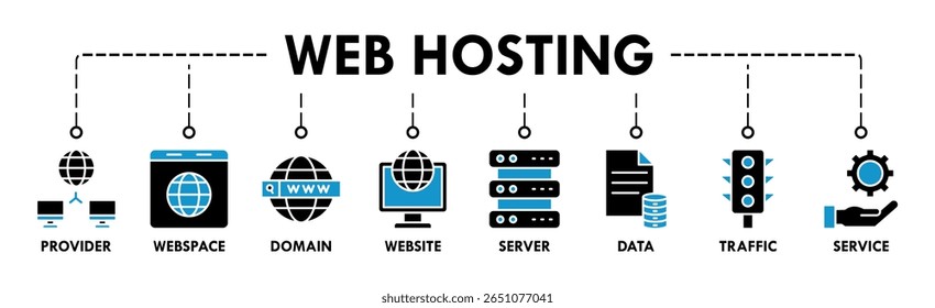 Web hosting banner web icon vector illustration concept with icon of provider, webspace, domain, website, server, data, traffic and service