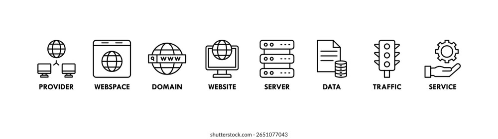 Web host banner web icon vetor ilustração conceito com ícone de provedor, espaço web, domínio, site, servidor, dados, tráfego e serviço