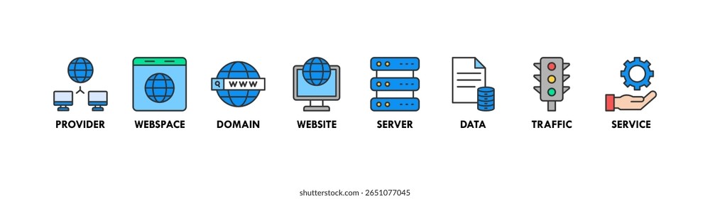 Web host banner web icon vetor ilustração conceito com ícone de provedor, espaço web, domínio, site, servidor, dados, tráfego e serviço