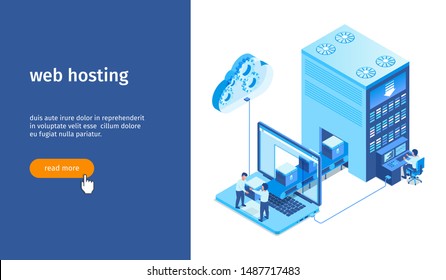 Web hosting banner. Isometric design concept on cloud computing theme. Vector illustration mock-up for website and mobile website. Landing page template
