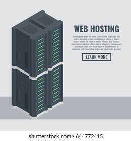 Web hosting banner in isometric style. Server rack room flat vector illustration 