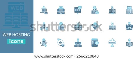 WEB HOSTING best vector icon set. Containing web, hosting, server, cloud, data, storage, network, domain, bandwidth, database and  more. Solid vector icons collection.