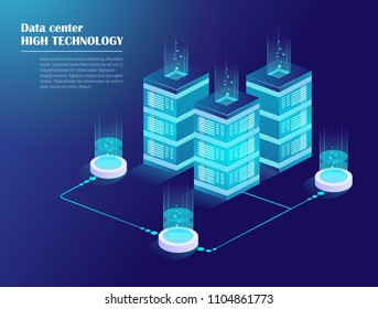 Web hosting and big data processing, server room rack. Data center, cloud storage technology. Energy station concept. Isometric vector illustration. 