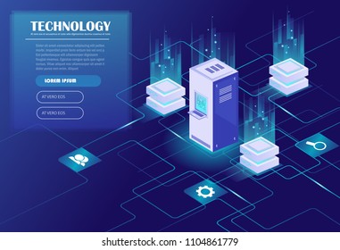 Web hosting and big data processing, server room rack. Data center, cloud storage technology. Energy station concept. Isometric vector illustration. 