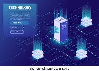 Web hosting and big data processing, server room rack. Data center, cloud storage technology. Energy station concept. Isometric vector illustration. 