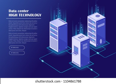 Web hosting and big data processing, server room rack. Data center, cloud storage technology. Isometric vector illustration.
