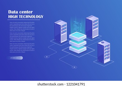 Web hosting and big data processing, server room rack. Data center, cloud storage technology. Energy station concept. Isometric vector illustration. 