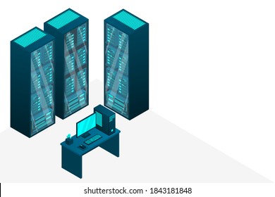 Web hosting and big data processing, server room rack. Concept of data center isometric.