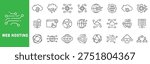 Web hosting and cloud infrastructure outline icon set featuring server, database, domain, CDN, synchronization, deployment and security symbols in editable stroke line style
