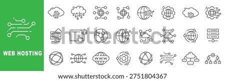 Web hosting and cloud infrastructure outline icon set featuring server, database, domain, CDN, synchronization, deployment and security symbols in editable stroke line style
