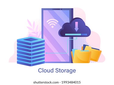 Web hosting and cloud storage concept. Cloud computing, technology, online database, security, computer, web data center, server. Isometric vector illustration for mobile app, web banner, infographics