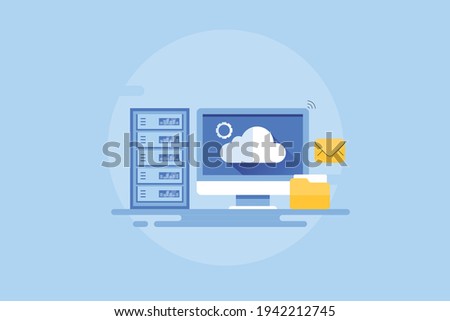 Web hosting, cloud hosting, cloud storage, server storage, backup files, mail servers - conceptual creative vector illustration with icons