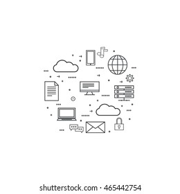 Web hosting and cloud technology. Database protection security. Global data transfer and storage  server. Communication technologies connecting different devices.