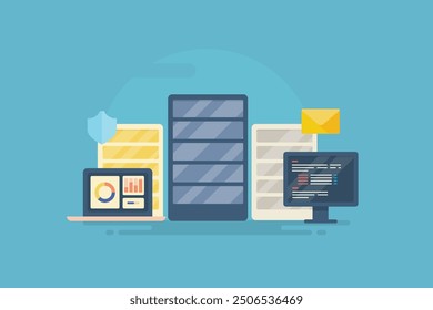 Web hosting company, Website hosing on dedicated servers, Shared server, Server security, Email hosting - vector illustration background with icons