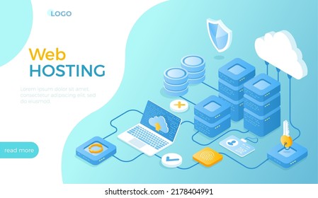 Web hosting, Сloud computing storage, Database, Network connection. Hosting servers, computer, cloud. Isometric vector illustration for website.	
