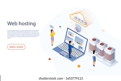 Web hosting concept with character. Big data flow processing concept, cloud data base. Concept cloud computing, data protected, online storage, cloud technology. Data center server.