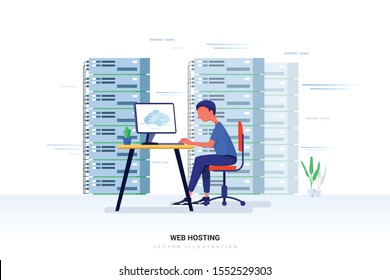 Web hosting concept with character. Can use for web banner, infographics, hero images. Flat vector illustration isolated on white background.