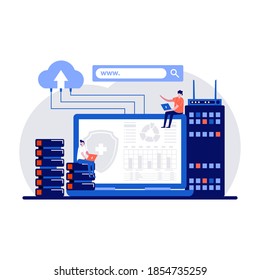 Web hosting concept with character. Webhost servers and data storage with users and developers. Website support service. Online database remote access webpage.