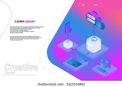 Web hosting concept. Cloud computing online database technology security computer web data center server isometric landing vector page.