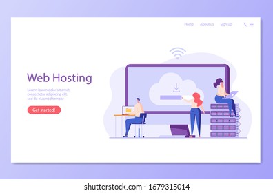 Web hosting. Concept of cloud computing, online database, technology, security, computer, web data center, server.  Vector illustration for web banner, infographics, mobile app