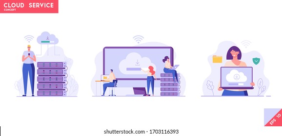 Web hosting. Concept of cloud computing, online database, technology, security, computer, web data center, server.  Vector illustration for web banner, infographics, mobile app