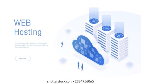 Web hosting concept, data transfer. Online computing technology. Online computing storage 3D isometry. Data center, concept of cloud storage. Cloud data storage 3d illustration