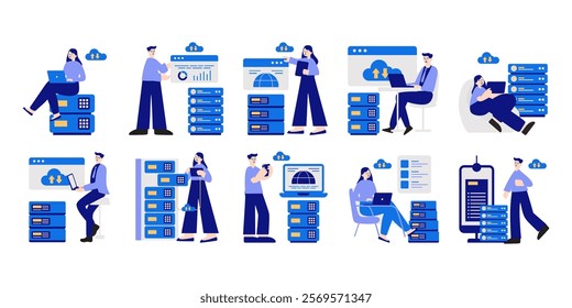 Web hosting concept flat illustration set. Includes of Uploading website files, Scaling server resources, and Managing hosting account. Vector illustration isolated transparent background