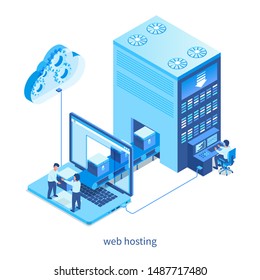 Web hosting concept. Isometric design concept on cloud computing theme. Vector illustration mock-up for website and mobile website. Landing page template