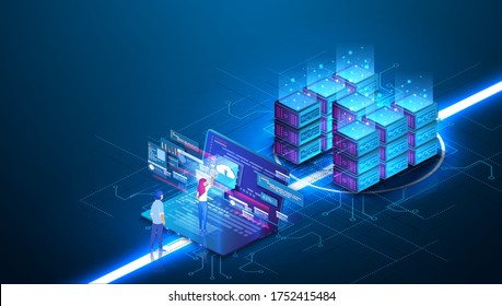 Web hosting concept. Isometric design concept on cloud computing theme. Mock-up for website and mobile website. Computer Network, Global internet Communication Concept. Vector illustration