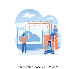 Web hosting concept. Online database, server, web data center, cloud computing, technology, computer, security. Landing page template design. flat vector modern illustration