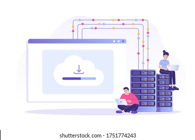 Web hosting concept with people characters. Online database, server, web data center, cloud computing, technology, computer, security. Isolated modern vector illustration for web, banner, poster, ui