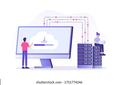 Web hosting concept with people characters. Online database, server, web data center, cloud computing, technology, computer, security. Isolated modern vector illustration for web, banner, poster, ui