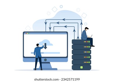 Web hosting concept with people characters. Online databases, servers, web data centers, cloud computing, technology, computers, security. Flat modern vector illustration on white background.