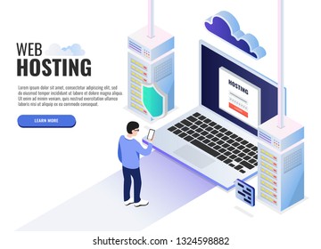 Web hosting concept. User looking at the phone. Web banner, infographics. Isometric vector illustration.