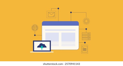 Web hosting concept, Website hosted on cloud server, Web hosting business solution, Secure web hosting, Email hosting - vector illustration with icons