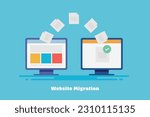 Web hosting concept, Website migration, Online website file transfer. Uploading website to a new server - vector illustration with icons