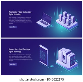 Web Hosting, Data Backup Copy, Recover File Concept, Cloud Data Storage, Digital Technology, Blockchain, Server Room, Smartphone Laptop Isometric Vector Illustration On Ultraviolet Background