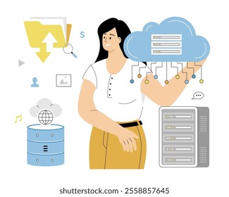 Web Hosting, Data Center Analytics. Online database, server, web data center, cloud computing, technology, security. Vector illustration on isolated white background.	
