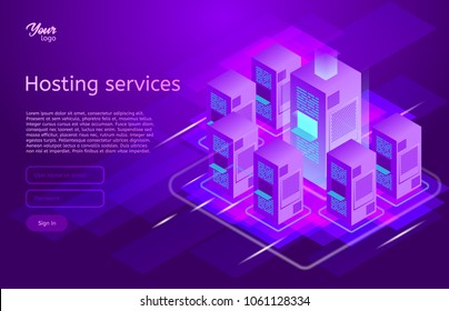 Web hosting and data center isometric vector illustration. Concept of big data processing, server room rack, Ultraviolet colors