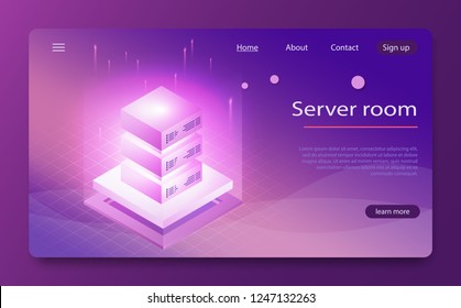 Web hosting and data center isometric vector illustration. Data center, server room. Isometric Server room and big data processing concept, datacenter, data base icon, digital information technology