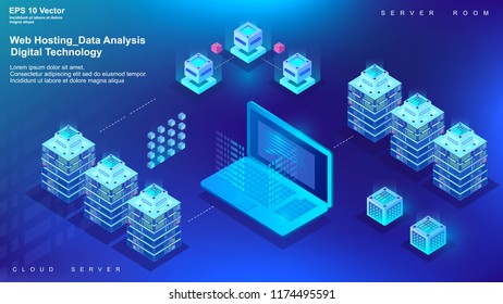 Web hosting data center and data storage, server room, file cloud data technology, exchange service flat illustration cloud service