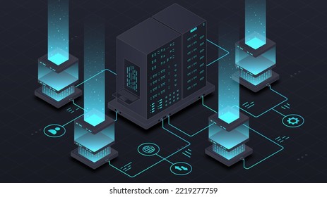 Web hosting and data. Modern technologies and digital world. Server and internet, cyberspace. Gadgets and devices, futuristic poster or banner for website. Isometric neon vector illustration