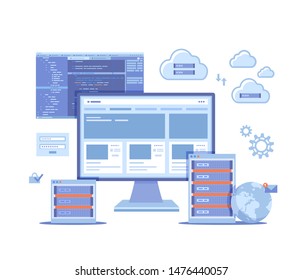 Web Hosting, Data Security, Сloud computing storage, Information processing, Database, Network connection. Hosting servers, computer, program code, clouds. Vector illustration on white background.