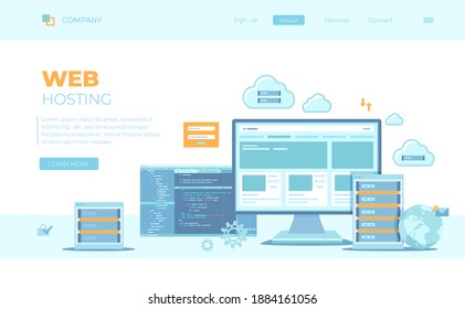 Web Hosting, Data Security, Сloud computing storage, Information processing, Database. Hosting servers, computer, program code, clouds. Can use for web banner, landing page, web template.